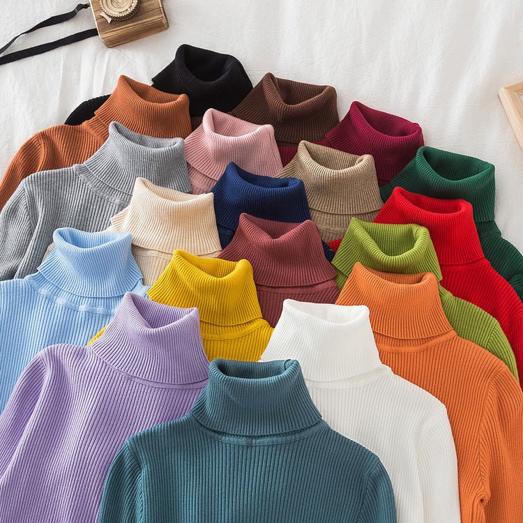 Long - sleeved turtleneck hi - neck solid color Korean style pullover sweater (24 colors) - Negative Apparel