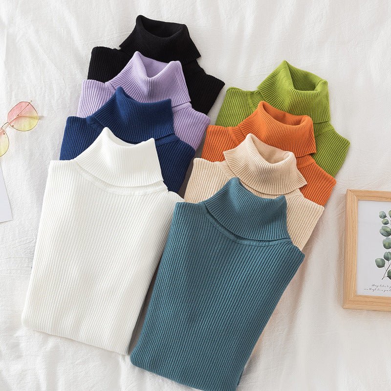 Long - sleeved turtleneck hi - neck solid color Korean style pullover sweater (24 colors) - Negative Apparel