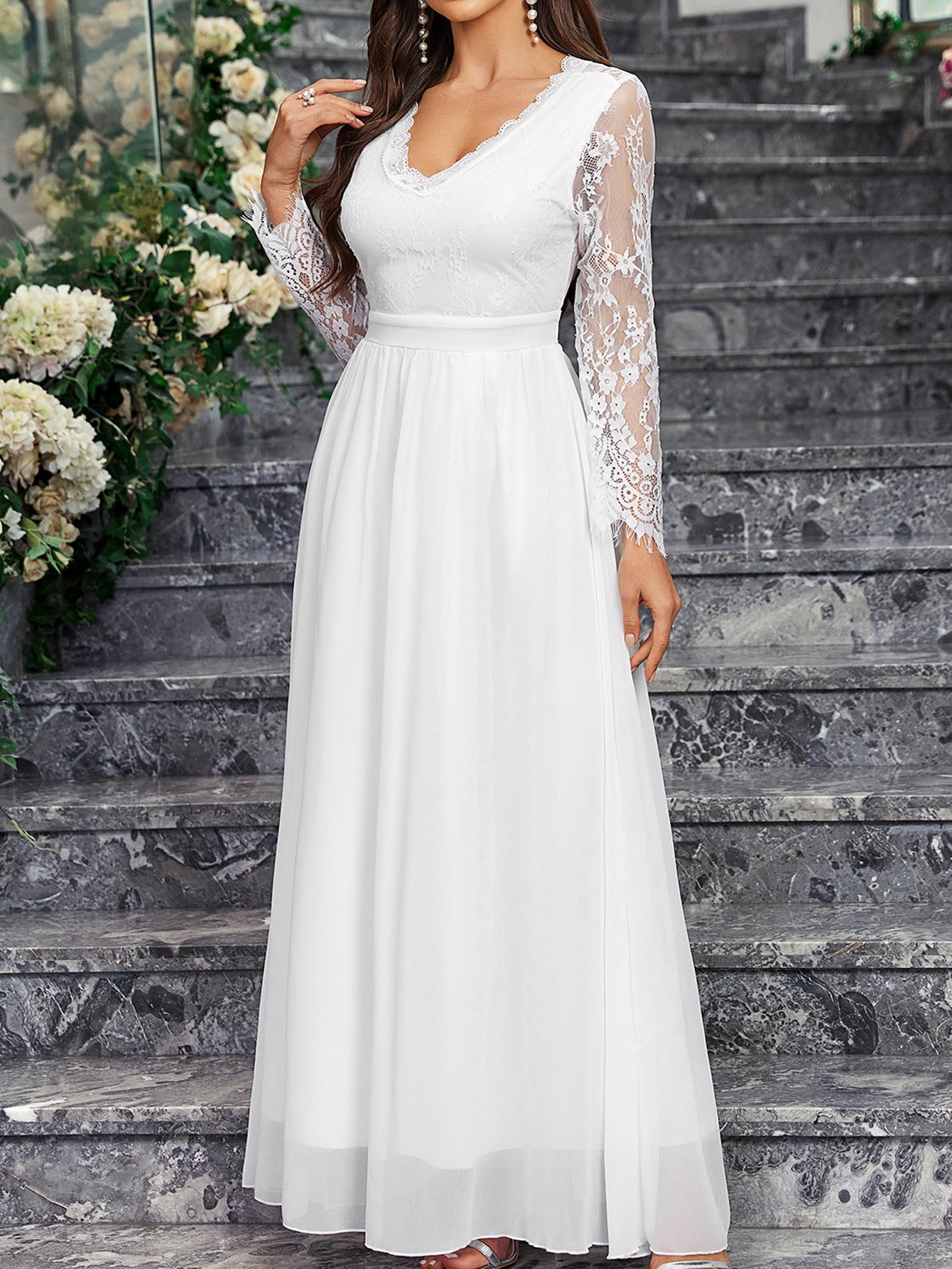Long - sleeved V - neck lace chiffon backless wedding bridesmaid dress banquet - Negative Apparel