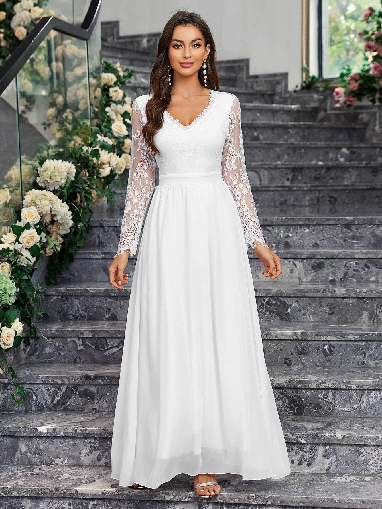 Long - sleeved V - neck lace chiffon backless wedding bridesmaid dress banquet - Negative Apparel