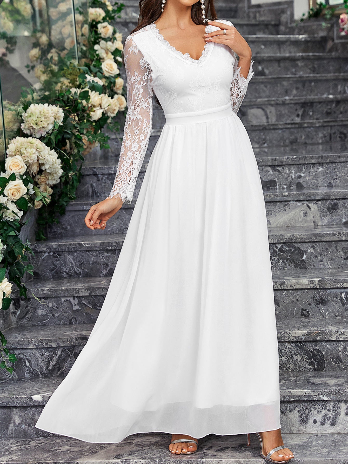 Long - sleeved V - neck lace chiffon backless wedding bridesmaid dress banquet - Negative Apparel