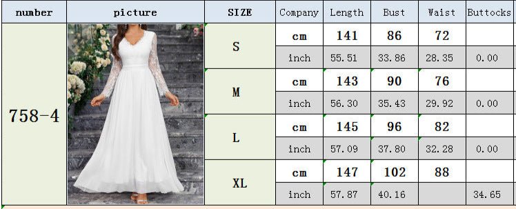 Long - sleeved V - neck lace chiffon backless wedding bridesmaid dress banquet - Negative Apparel
