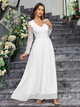 Long - sleeved V - neck lace chiffon backless wedding bridesmaid dress banquet - Negative Apparel