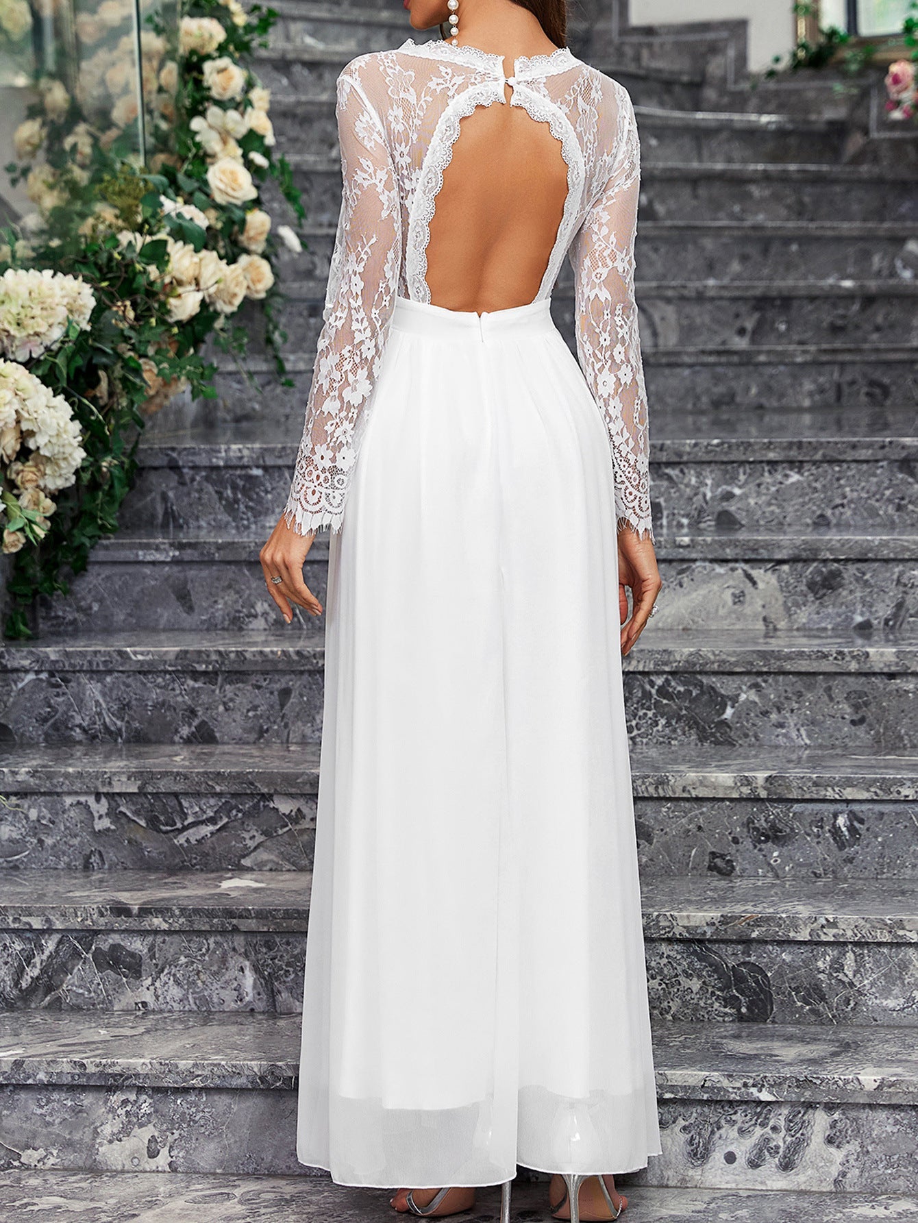 Long - sleeved V - neck lace chiffon backless wedding bridesmaid dress banquet - Negative Apparel
