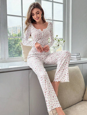 Long - sleeved v - neck pajamas with small floral prints lettuce curled hem trousers home clothes suit for women - Negative Apparel