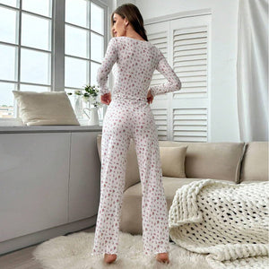 Long - sleeved v - neck pajamas with small floral prints lettuce curled hem trousers home clothes suit for women - Negative Apparel