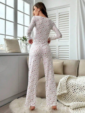 Long - sleeved v - neck pajamas with small floral prints lettuce curled hem trousers home clothes suit for women - Negative Apparel