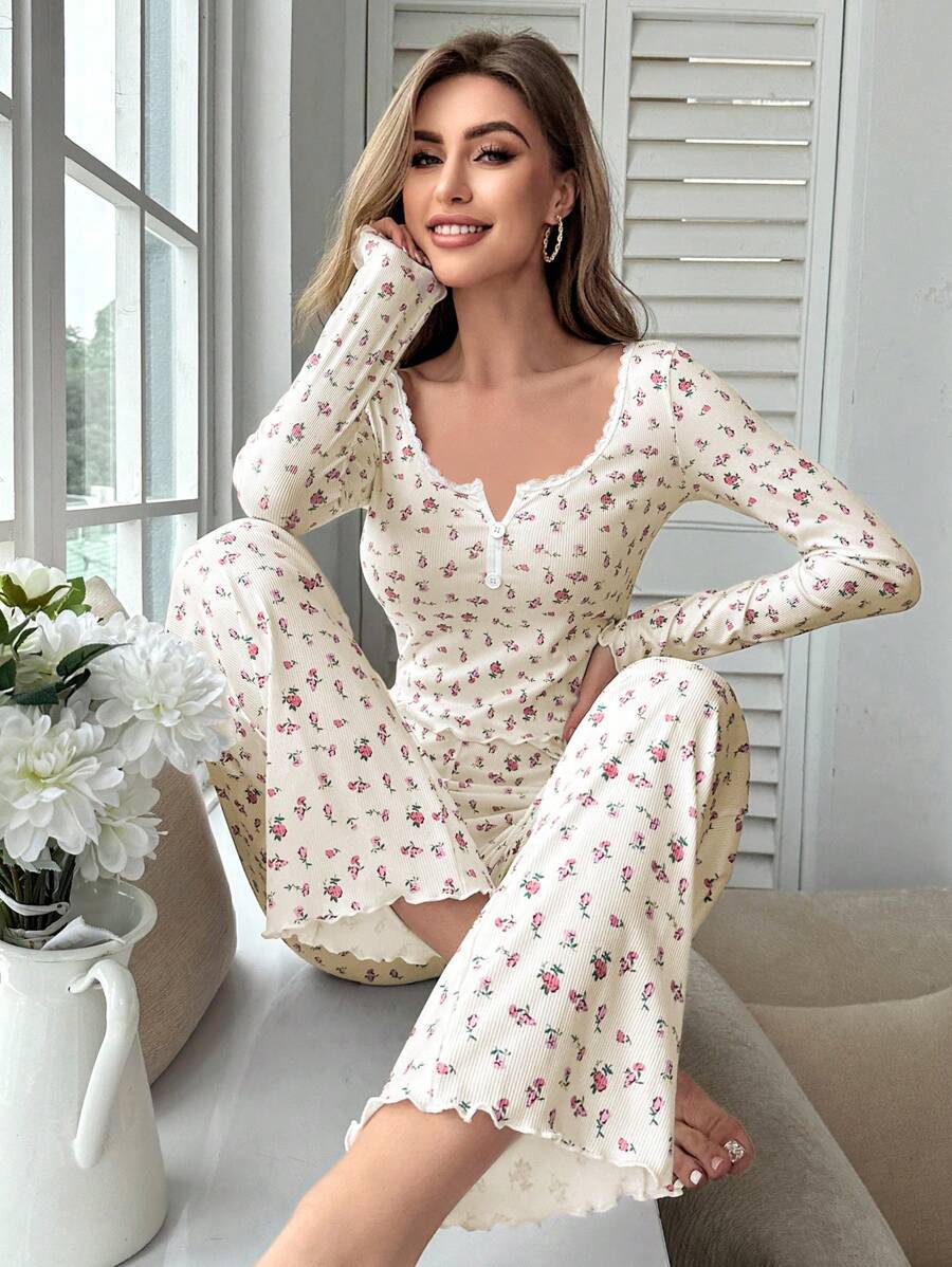 Long - sleeved v - neck pajamas with small floral prints lettuce curled hem trousers home clothes suit for women - Negative Apparel