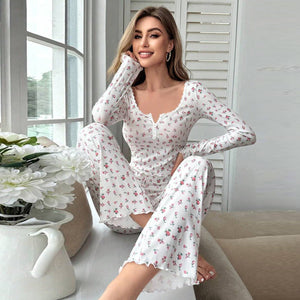 Long - sleeved v - neck pajamas with small floral prints lettuce curled hem trousers home clothes suit for women - Negative Apparel