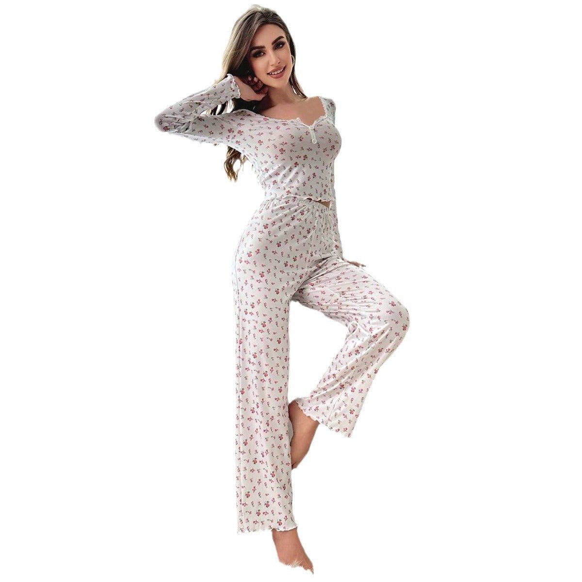 Long - sleeved v - neck pajamas with small floral prints lettuce curled hem trousers home clothes suit for women - Negative Apparel