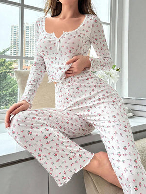 Long - sleeved v - neck pajamas with small floral prints lettuce curled hem trousers home clothes suit for women - Negative Apparel