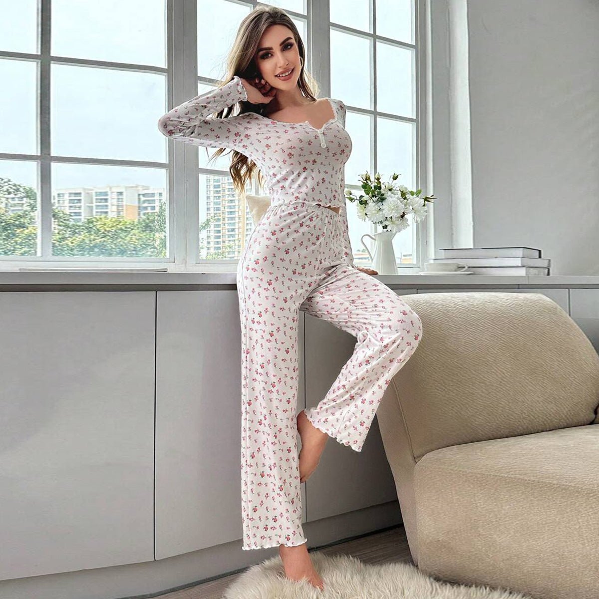 Long - sleeved v - neck pajamas with small floral prints lettuce curled hem trousers home clothes suit for women - Negative Apparel