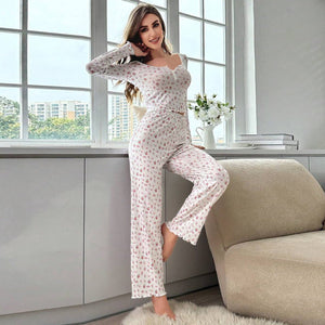 Long - sleeved v - neck pajamas with small floral prints lettuce curled hem trousers home clothes suit for women - Negative Apparel