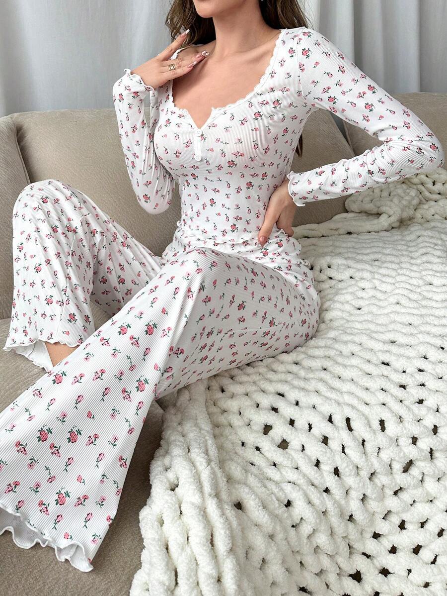 Long - sleeved v - neck pajamas with small floral prints lettuce curled hem trousers home clothes suit for women - Negative Apparel