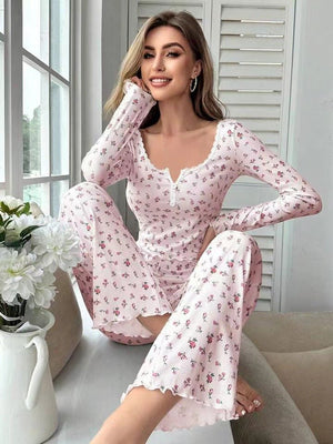 Long - sleeved v - neck pajamas with small floral prints lettuce curled hem trousers home clothes suit for women - Negative Apparel