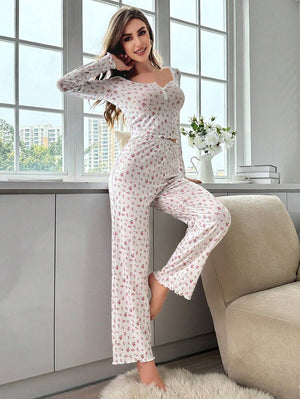 Long - sleeved v - neck pajamas with small floral prints lettuce curled hem trousers home clothes suit for women - Negative Apparel