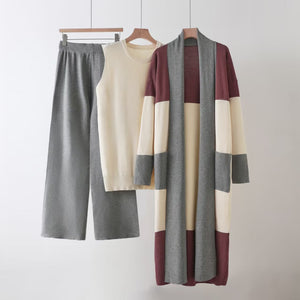 Loose cardigan jacket knitted three - piece vest wide - leg pants casual lazy co - ord set - Negative Apparel