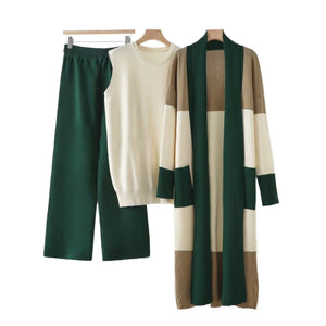 Loose cardigan jacket knitted three - piece vest wide - leg pants casual lazy co - ord set - Negative Apparel