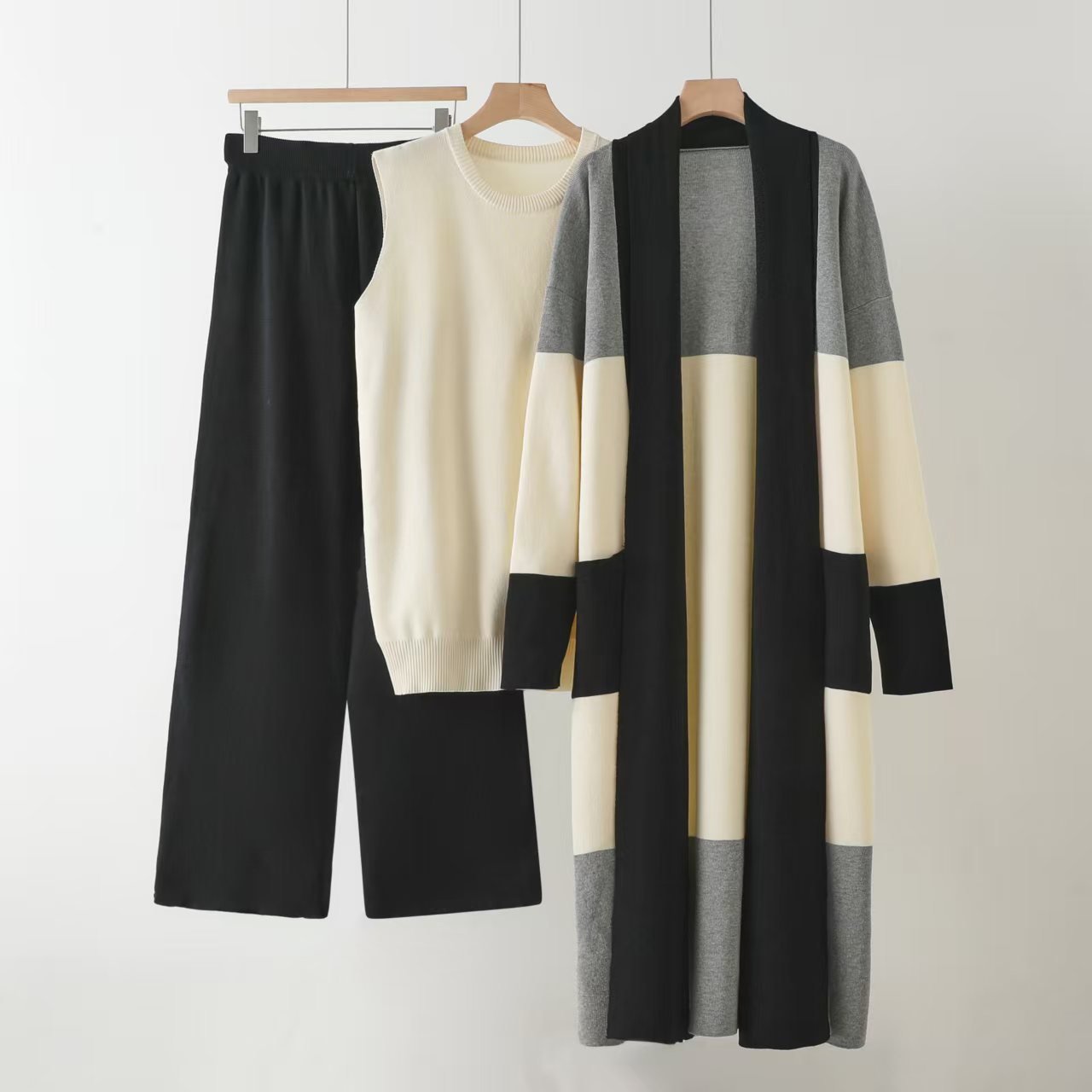 Loose cardigan jacket knitted three - piece vest wide - leg pants casual lazy co - ord set - Negative Apparel