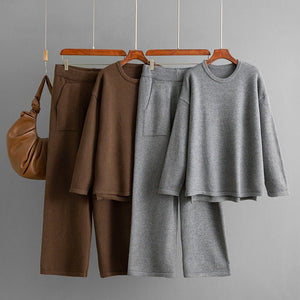 Loose - knit crew neck sweater fashionable casual wide - leg pants two - piece set solid color set - Negative Apparel