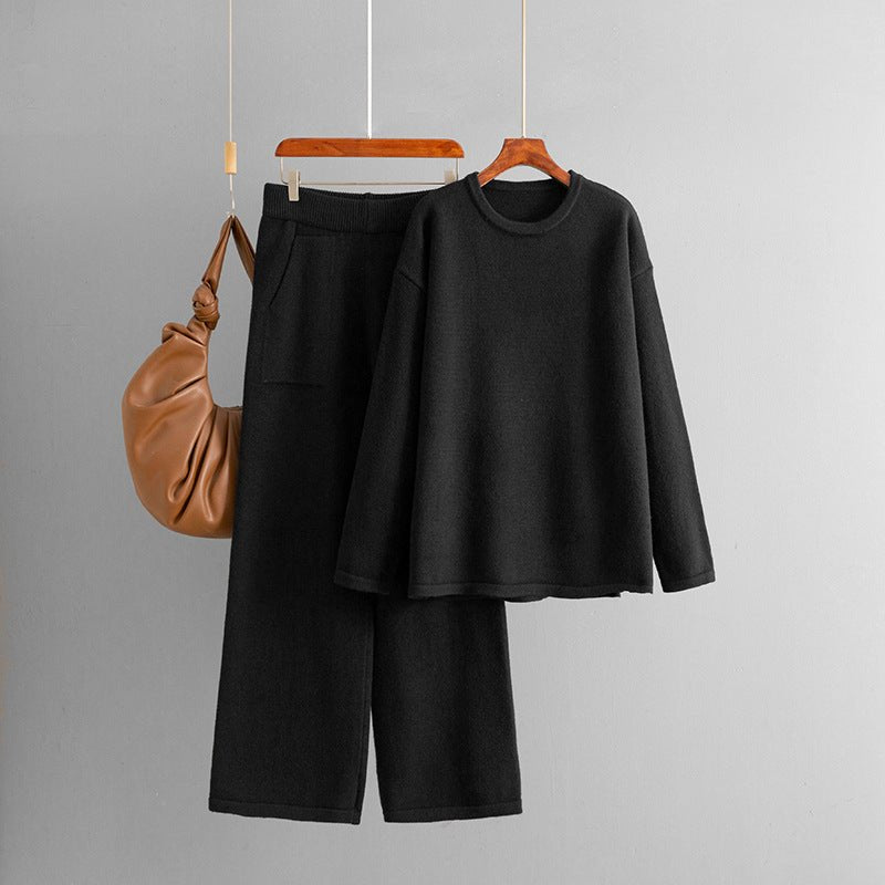 Loose - knit crew neck sweater fashionable casual wide - leg pants two - piece set solid color set - Negative Apparel