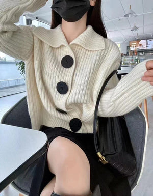 Loose Korean style large button lapel knitted cardigan - Negative Apparel