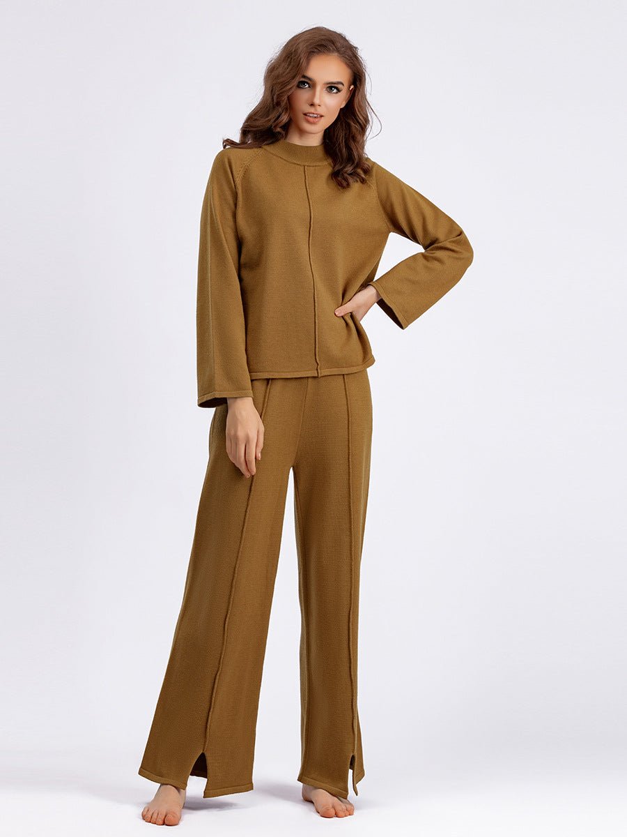 Loose Solid Color Pullover Sweater Two - piece Set Slit Knitted Wide - leg Pants Set - Negative Apparel