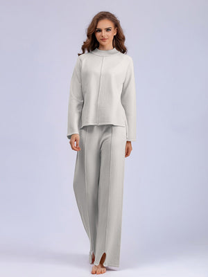 Loose Solid Color Pullover Sweater Two - piece Set Slit Knitted Wide - leg Pants Set - Negative Apparel