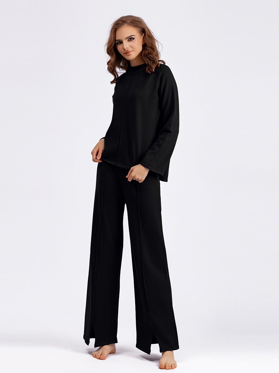 Loose Solid Color Pullover Sweater Two - piece Set Slit Knitted Wide - leg Pants Set - Negative Apparel