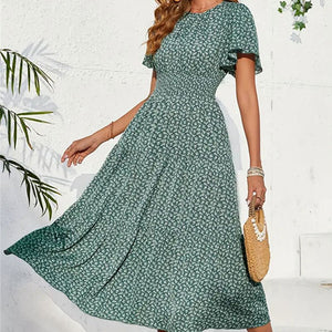 Lotus leaf sleeve long floral dress spring and summer women's high - end dress - Negative Apparel