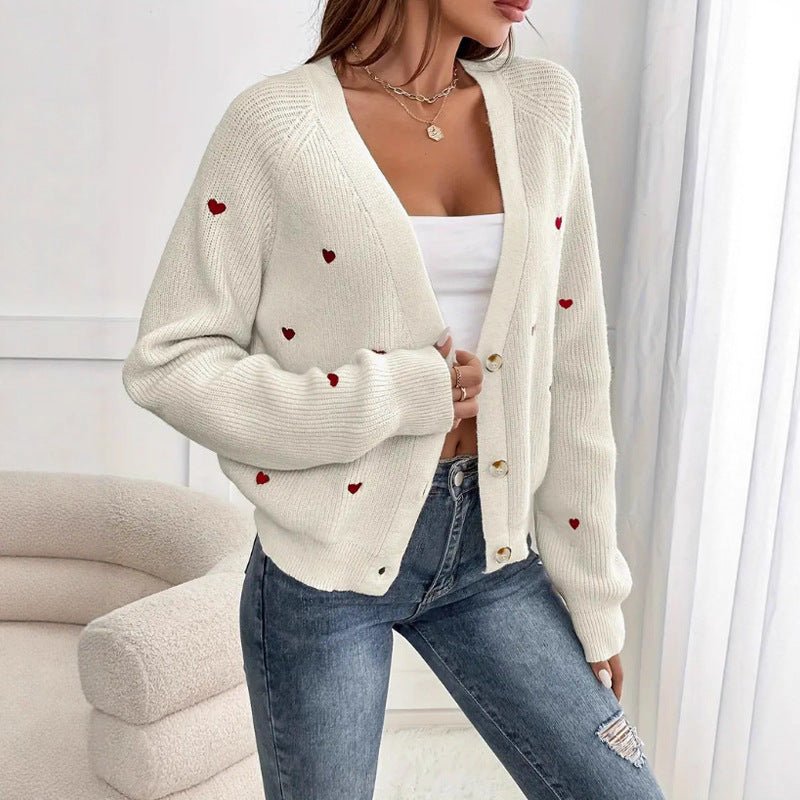 Love Pattern V - Neck Cardigan for Women – Thick Wool Knit - Negative Apparel