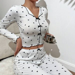 Love print long - sleeved lapel pajamas long pants two - piece suit - Negative Apparel