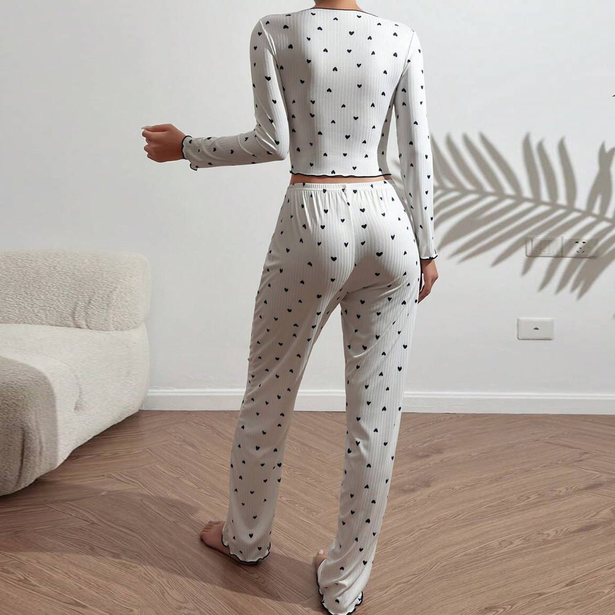 Love print long - sleeved lapel pajamas long pants two - piece suit - Negative Apparel