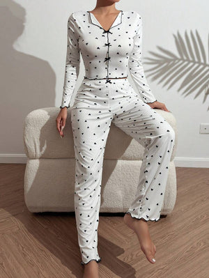 Love print long - sleeved lapel pajamas long pants two - piece suit - Negative Apparel