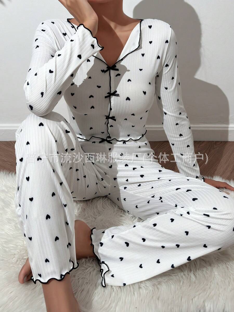 Love print long - sleeved lapel pajamas long pants two - piece suit - Negative Apparel