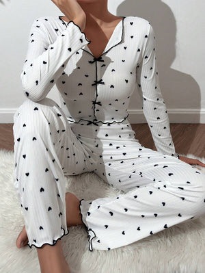 Love print long - sleeved lapel pajamas long pants two - piece suit - Negative Apparel