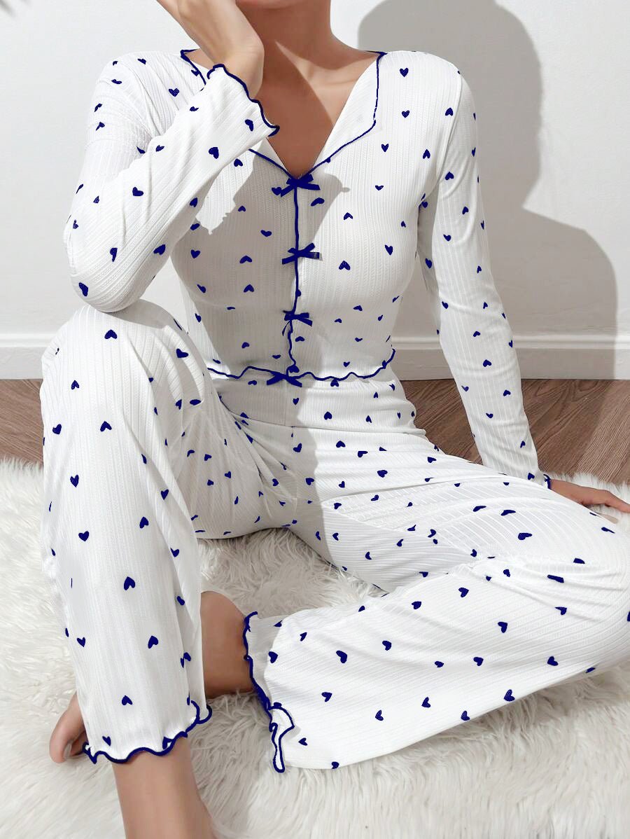 Love print long - sleeved lapel pajamas long pants two - piece suit - Negative Apparel