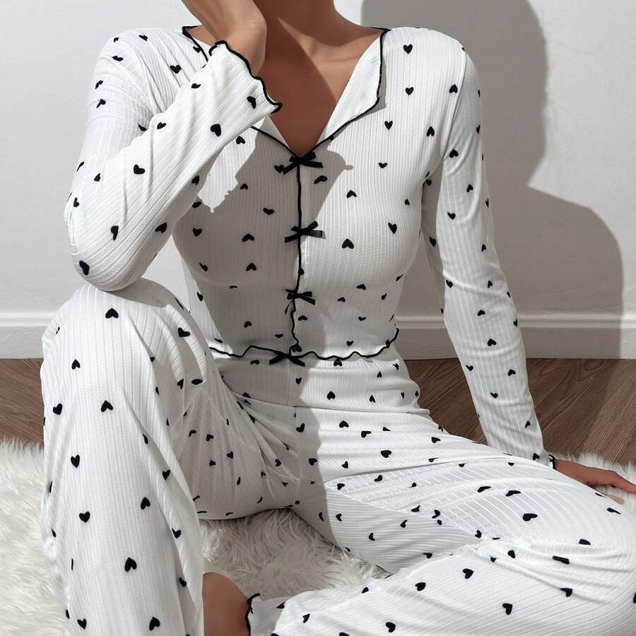 Love print long - sleeved lapel pajamas long pants two - piece suit - Negative Apparel