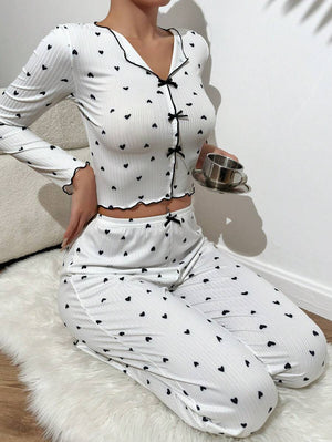 Love print long - sleeved lapel pajamas long pants two - piece suit - Negative Apparel