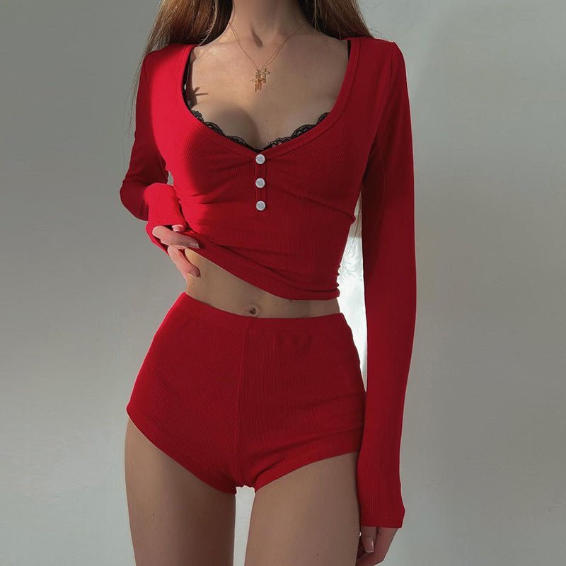 Low - cut V - neck tight long - sleeved top fashionable sports style shorts two - piece suit - Negative Apparel