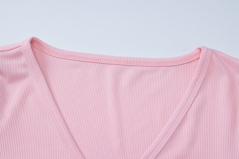 Low - cut V - neck tight long - sleeved top fashionable sports style shorts two - piece suit - Negative Apparel