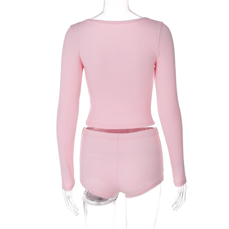 Low - cut V - neck tight long - sleeved top fashionable sports style shorts two - piece suit - Negative Apparel