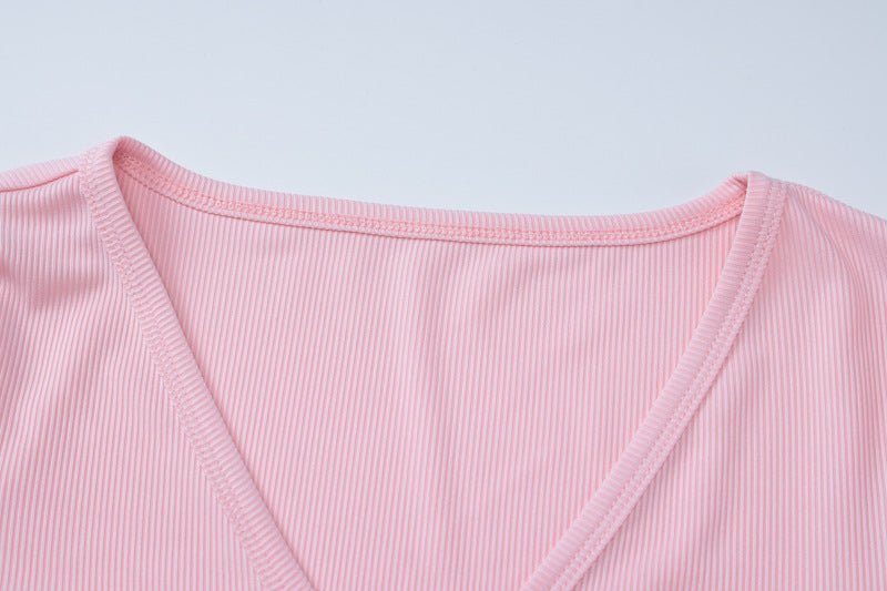 Low - cut V - neck tight long - sleeved top fashionable sports style shorts two - piece suit - Negative Apparel