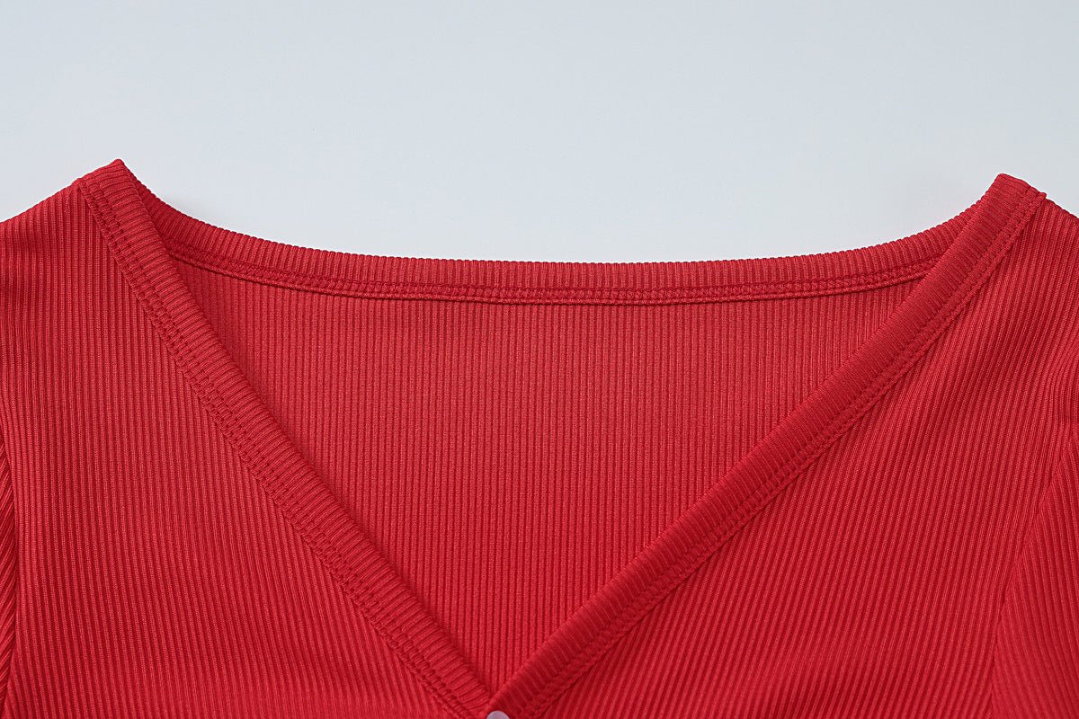 Low - cut V - neck tight long - sleeved top fashionable sports style shorts two - piece suit - Negative Apparel