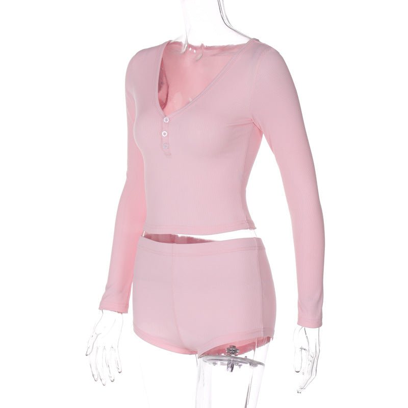 Low - cut V - neck tight long - sleeved top fashionable sports style shorts two - piece suit - Negative Apparel