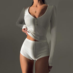 Low - cut V - neck tight long - sleeved top fashionable sports style shorts two - piece suit - Negative Apparel