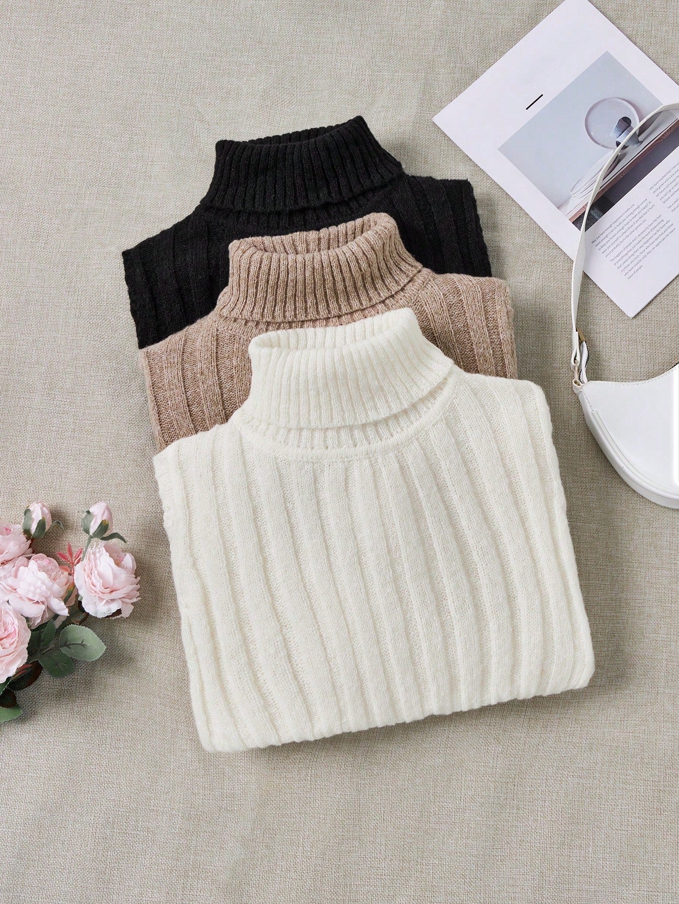 LUNE 3pcs/Set Turtleneck Ribbed Fashionable All - Match Pullover Sweaters For Women - Negative Apparel