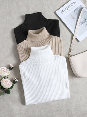 LUNE 3pcs/Set Turtleneck Ribbed Fashionable All - Match Pullover Sweaters For Women - Negative Apparel