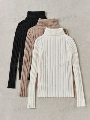 LUNE 3pcs/Set Turtleneck Ribbed Fashionable All - Match Pullover Sweaters For Women - Negative Apparel