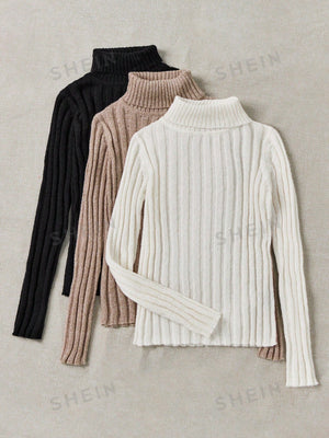 LUNE 3pcs/Set Turtleneck Ribbed Fashionable All - Match Pullover Sweaters For Women - Negative Apparel